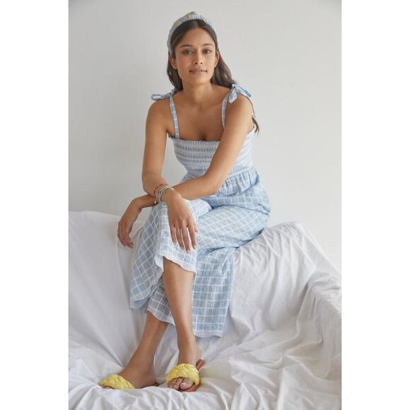 Anthro Plenty by Tracy Reese Light Blue/White Plaid Wide Leg Jumpsuit Sz Medium - Picture 1 of 11